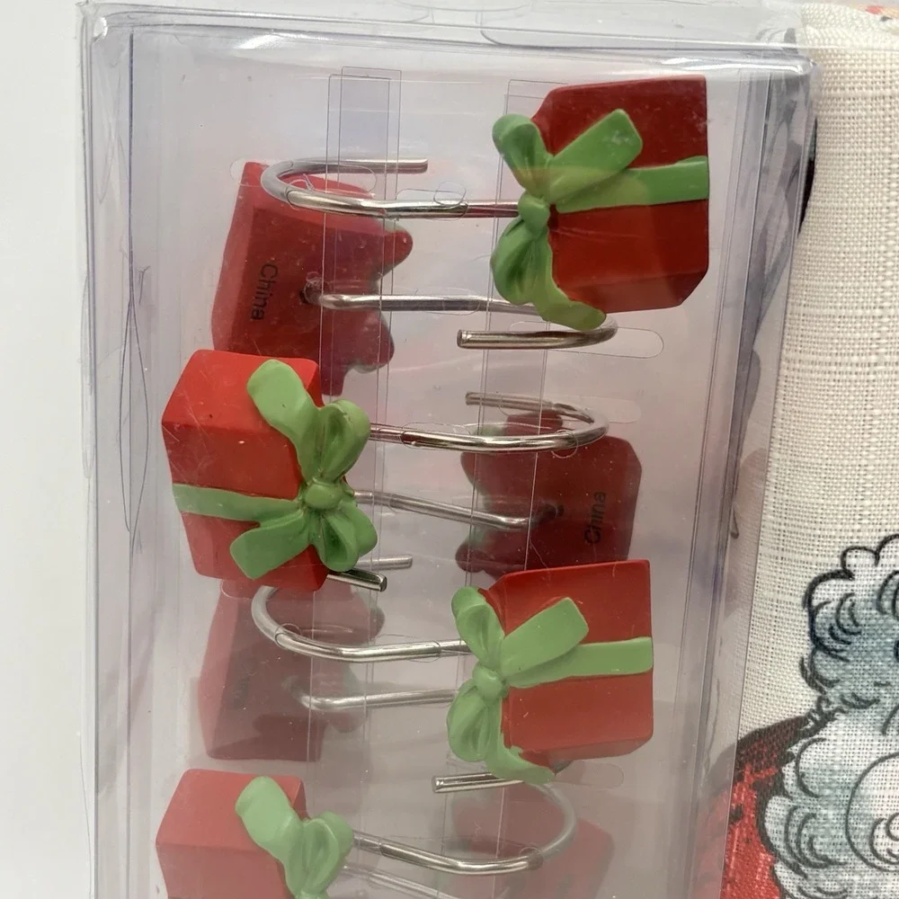 Vintage Santa Shower Curtain Hook Set 70x72 Christmas Bath Decor Gift Hooks NIP